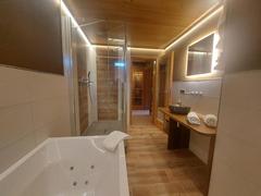 Badezimmer in der Prinzensuite mit geräumiger Dusche, Whirlwanne, Steinwaschbecken, Handtuchtockner, Fön und WC