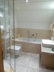 Blick ins geräumige Bad 112 mit Whirlwanne, Waschbecken, WC und Dusche